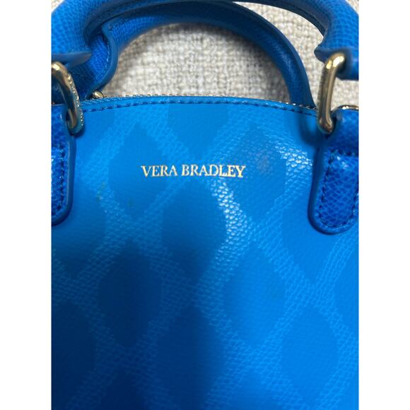 Vera Bradley Blue Leather Angled Bowler Ikat Diamond Satchel/Crossbody Purse - Picture 4 of 10